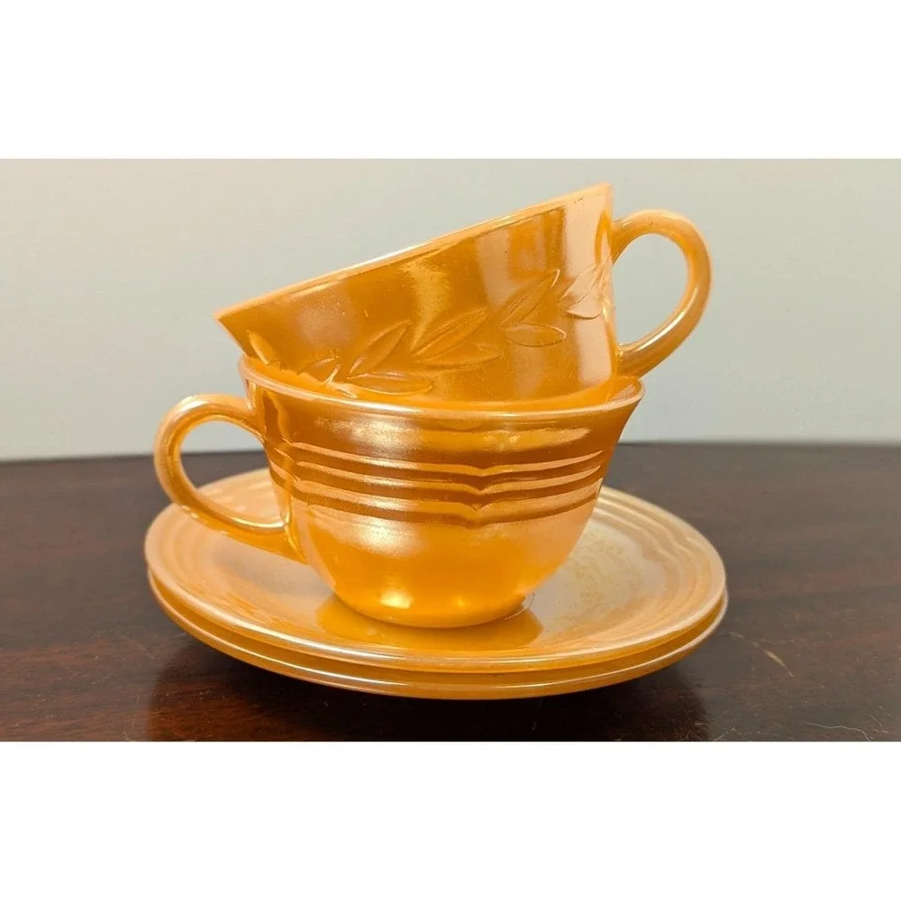 Fire King Peach Lustreware Cup Saucer Set Anchor Hocking Vintage Glass 4pc